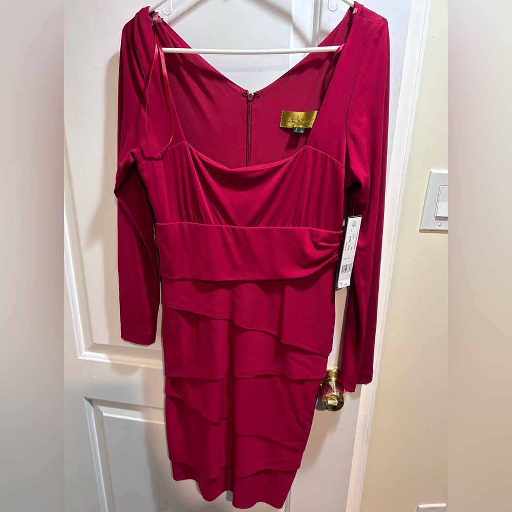 NWT Nicole Miller Red Ruffle Long Sleeve Midi Dress Sz 12